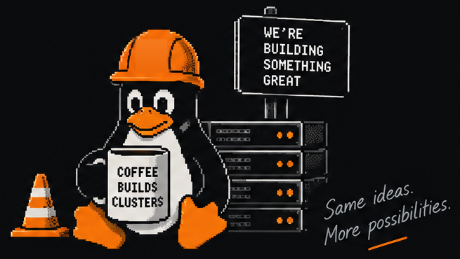Tux in an orange hard hat holding a mug that says coffee builds clusters, next to a server rack and a sign saying we're building something great